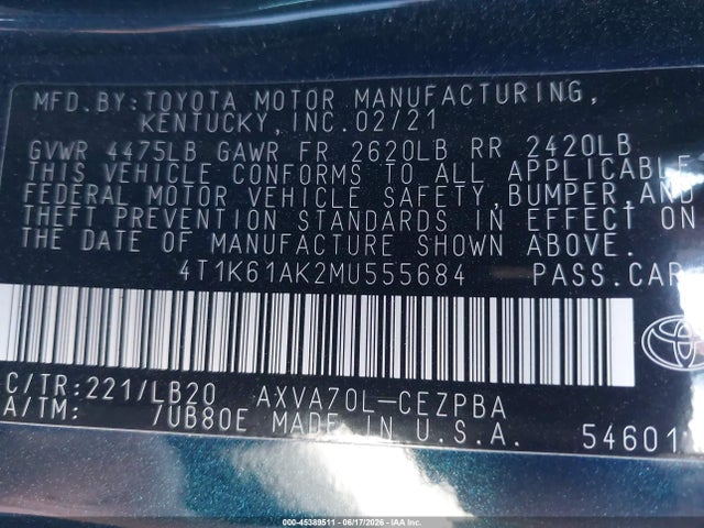 4T1K61AK2MU555684 Toyota CAMRY XSE