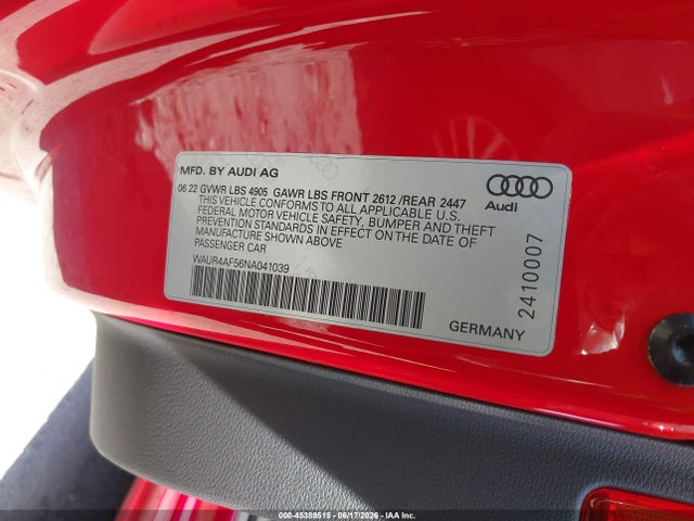 WAUR4AF56NA041039 Audi S5 Prestige Tfsi Quattro Tiptronic