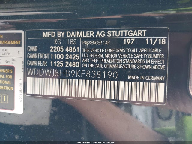 2019 Mercedes-benz Amg C 63 S მანქანა იყიდება აუქციონზე, vin: WDDWJ8HB9KF838190, აუქციონის ნომერი: 45389517