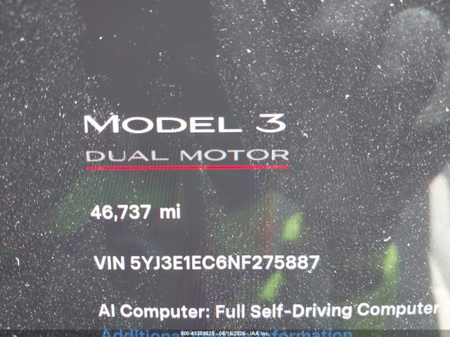 Aukcja sprzedaży 2022 Tesla Model 3 Performance Dual Motor All-wheel Drive, vin: 5YJ3E1EC6NF275887, numer aukcji: 45389525