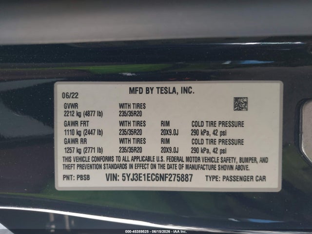 Aukcja sprzedaży 2022 Tesla Model 3 Performance Dual Motor All-wheel Drive, vin: 5YJ3E1EC6NF275887, numer aukcji: 45389525