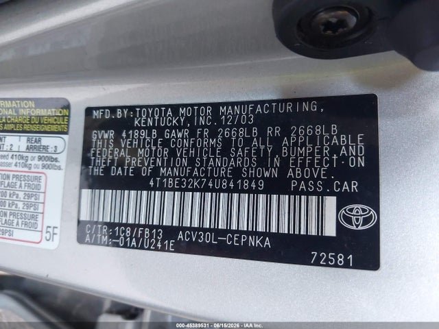 Продажа на аукционе авто 2004 Toyota Camry Le, vin: 4T1BE32K74U841849, номер лота: 45389531