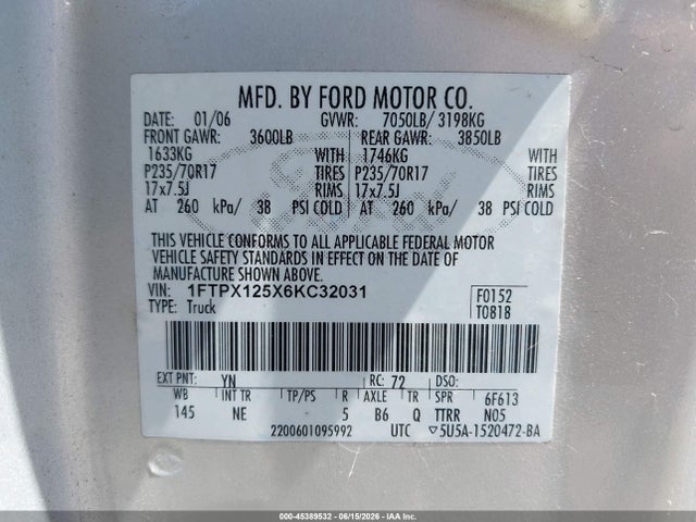 Продажа на аукционе авто 2006 Ford F-150 Lariat/xl/xlt, vin: 1FTPX125X6KC32031, номер лота: 45389532