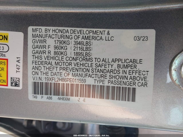 2023 Honda Civic Sport მანქანა იყიდება აუქციონზე, vin: 19XFL2H86PE011559, აუქციონის ნომერი: 45389533