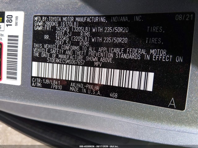 Aukcja sprzedaży 2021 Toyota Sienna Platinum, vin: 5TDERKEC5MS067657, numer aukcji: 45389536