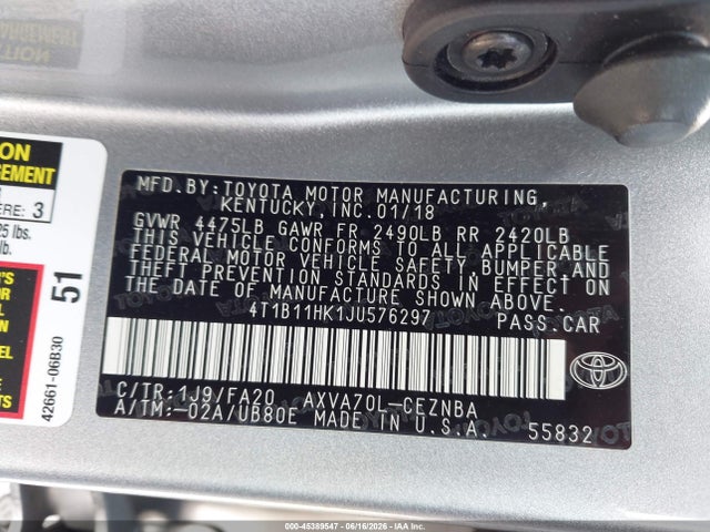 Продажа на аукционе авто 2018 Toyota Camry Le, vin: 4T1B11HK1JU576297, номер лота: 45389547