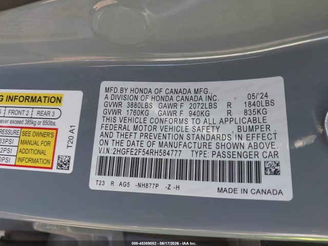 Honda Civic Sport 2024 2HGFE2F54RH584777 Image 9
