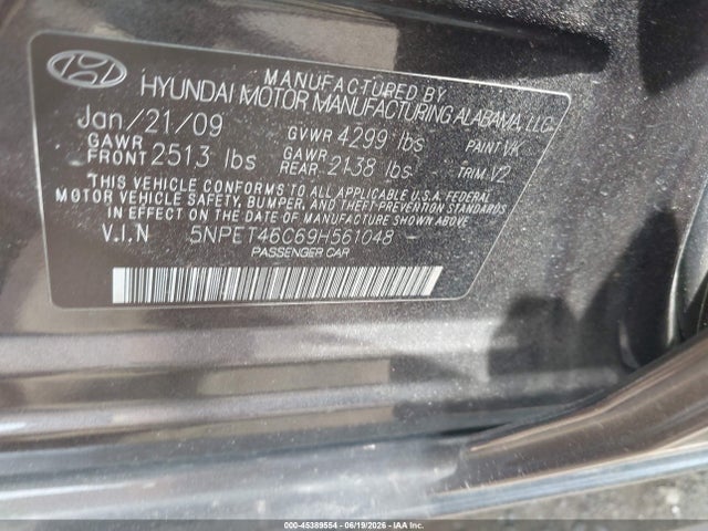 45389554 :رقم المزاد ، 5NPET46C69H561048 vin ، 2009 Hyundai Sonata Gls مزاد بيع