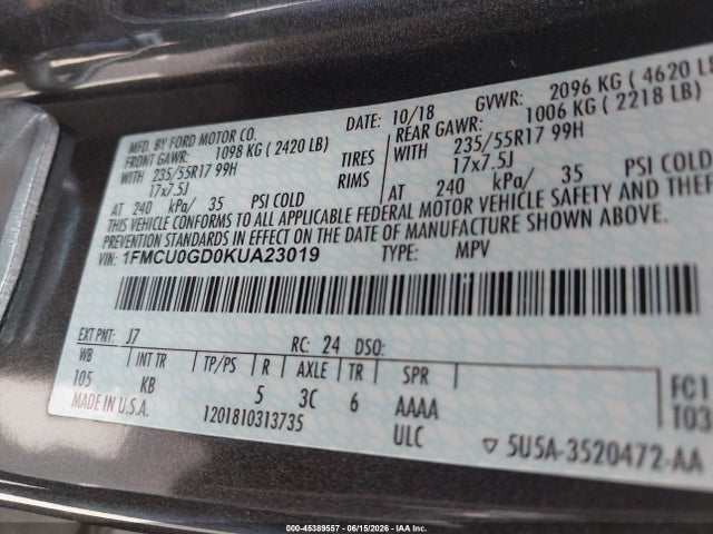 Aukcja sprzedaży 2019 Ford Escape Se, vin: 1FMCU0GD0KUA23019, numer aukcji: 45389557