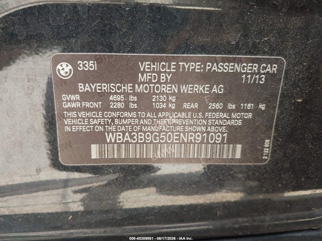 2014 Bmw 335i Xdrive მანქანა იყიდება აუქციონზე, vin: WBA3B9G50ENR91091, აუქციონის ნომერი: 45389561