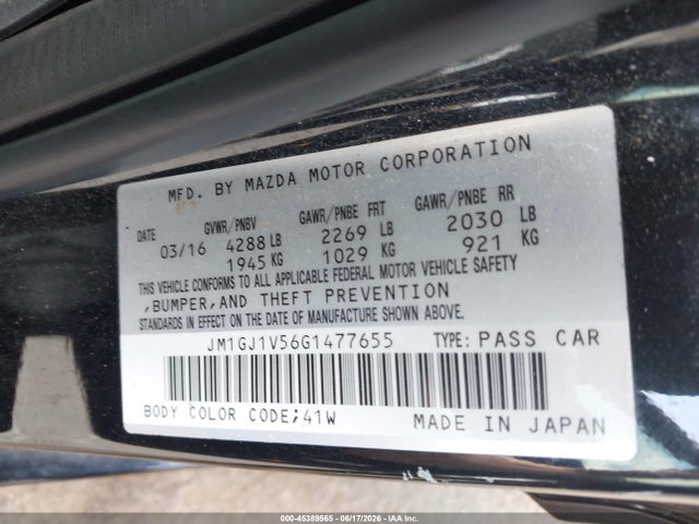 2016 Mazda Mazda6 I Touring მანქანა იყიდება აუქციონზე, vin: JM1GJ1V56G1477655, აუქციონის ნომერი: 45389565