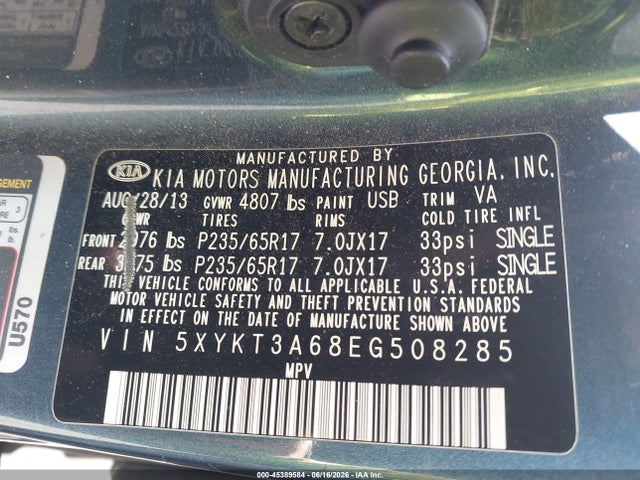 KIA SORENTO LX 2014 5XYKT3A68EG508285 Image 9