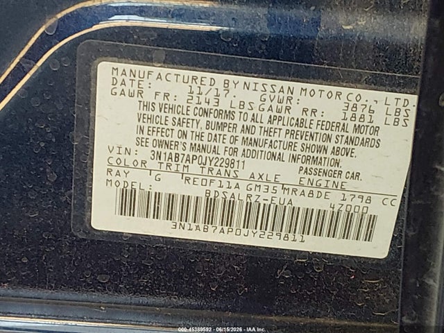Aukcja sprzedaży 2018 Nissan Sentra Sr, vin: 3N1AB7AP0JY229811, numer aukcji: 45389592