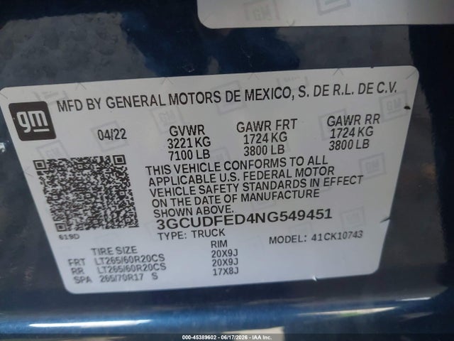 Продаж на аукціоні авто 2022 Chevrolet Silverado 1500, vin: 3GCUDFED4NG549451, номер лоту: 45389602