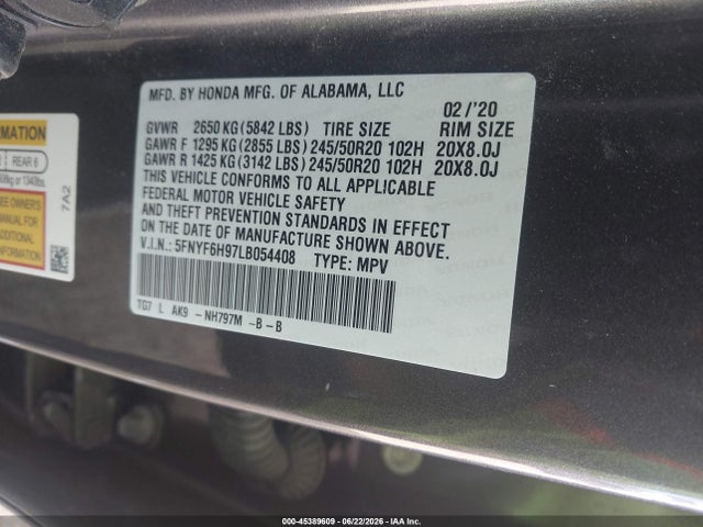 5FNYF6H97LB054408 Honda Pilot Awd Touring 8 Passenger