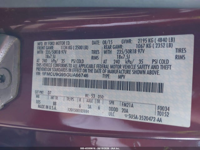 Ford ESCAPE SE 2016 1FMCU9G95GUA66746 Image 9