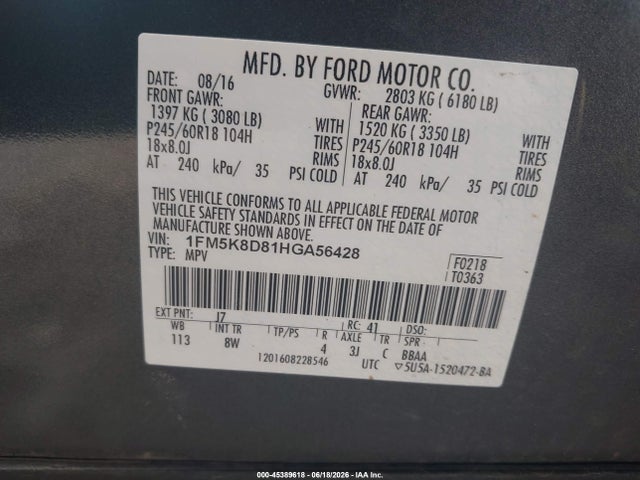 Auction sale of the 2017 Ford Explorer Xlt, vin: 1FM5K8D81HGA56428, lot number: 45389618
