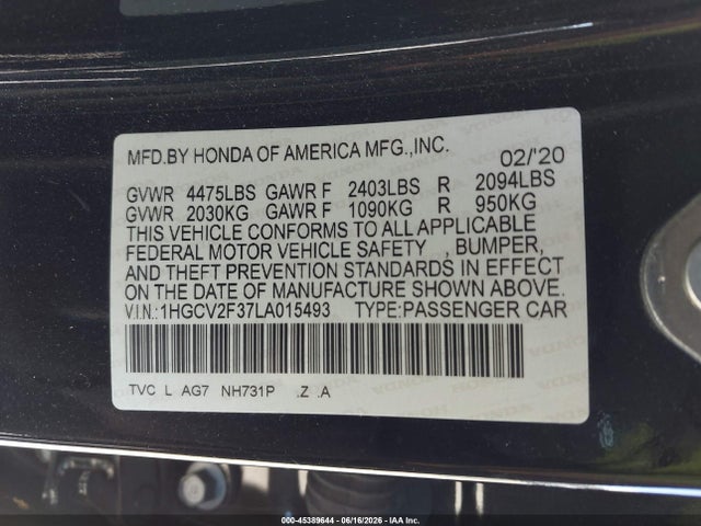 1HGCV2F37LA015493 Honda Accord Sport 2.0t