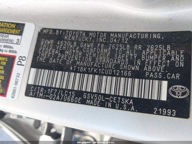 2012 Toyota Camry Se V6 მანქანა იყიდება აუქციონზე, vin: 4T1BK1FK1CU012166, აუქციონის ნომერი: 45389647