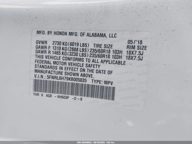 Honda Odyssey Ex-l 2019 5FNRL6H79KB005835 Image 9