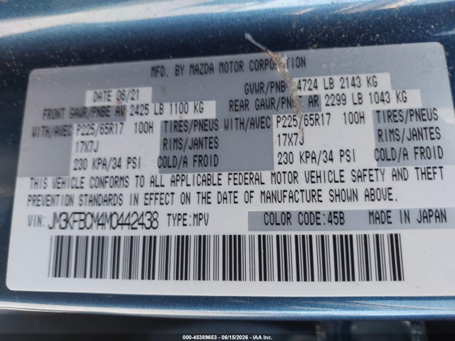 45389653 :رقم المزاد ، JM3KFBCM4M0442438 vin ، 2021 Mazda Cx-5 Touring مزاد بيع