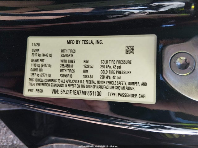 Продажа на аукционе авто 2021 Tesla Model 3 Standard Range Plus Rear-wheel Drive, vin: 5YJ3E1EA7MF851130, номер лота: 45389671
