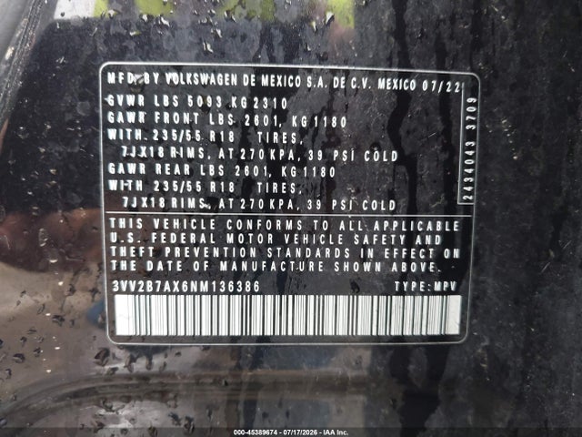 Aukcja sprzedaży 2022 Volkswagen Tiguan 2.0t Se, vin: 3VV2B7AX6NM136386, numer aukcji: 45389674