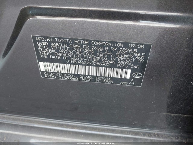 45389675 :رقم المزاد ، JTHBJ46G292288900 vin ، 2009 Lexus Es 350 مزاد بيع