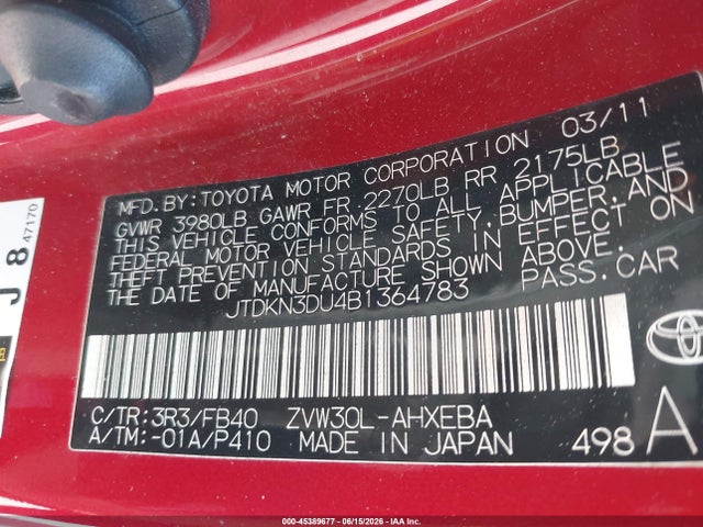 Aukcja sprzedaży 2011 Toyota Prius Three, vin: JTDKN3DU4B1364783, numer aukcji: 45389677