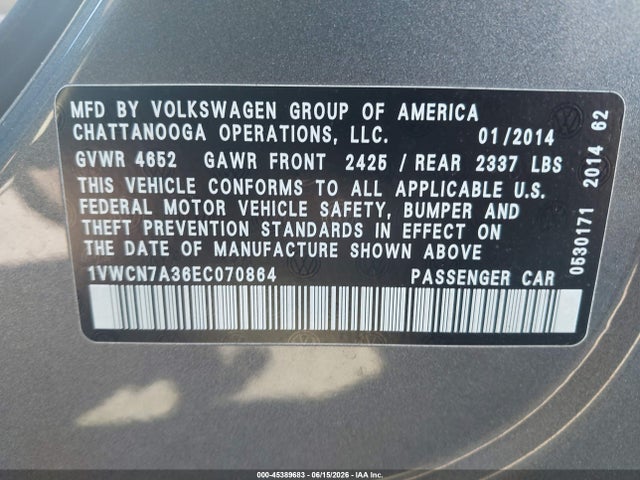 Aukcja sprzedaży 2014 Volkswagen Passat 2.0l Tdi Sel Premium, vin: 1VWCN7A36EC070864, numer aukcji: 45389683