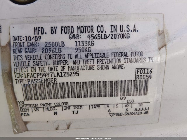 1990 Ford Taurus Sho მანქანა იყიდება აუქციონზე, vin: 1FACP54Y7LA125295, აუქციონის ნომერი: 45389696