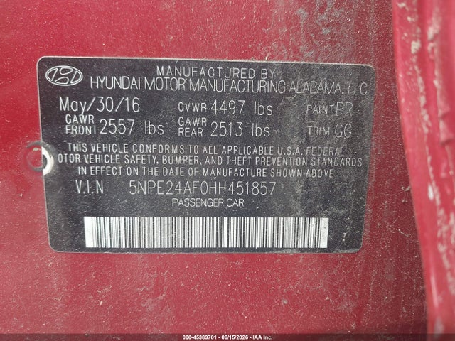 45389701 :رقم المزاد ، 5NPE24AF0HH451857 vin ، 2017 Hyundai Sonata Se مزاد بيع