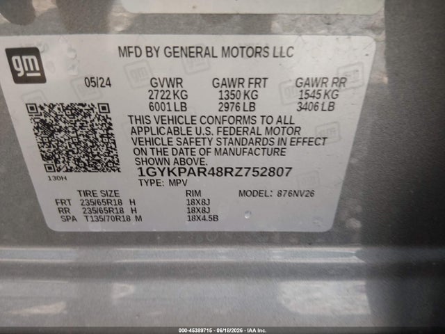 45389715 :رقم المزاد ، 1GYKPAR48RZ752807 vin ، 2024 Cadillac Xt6 Fwd Luxury مزاد بيع