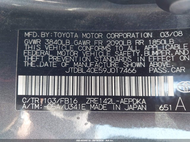 Aukcja sprzedaży 2009 Toyota Corolla Le, vin: JTDBL40E59J017466, numer aukcji: 45389719