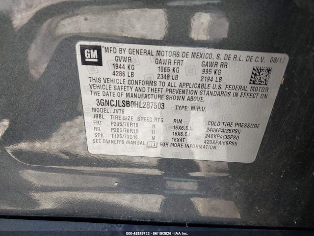 45389732 :رقم المزاد ، 3GNCJLSB0HL287503 vin ، 2017 Chevrolet Trax Lt مزاد بيع