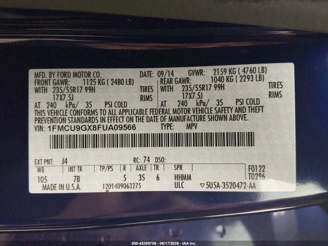 1FMCU9GX8FUA09566 Ford ESCAPE SE