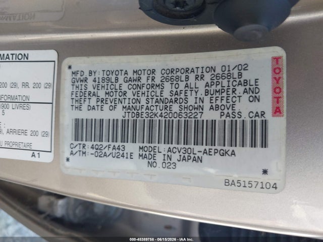 45389758 :رقم المزاد ، JTDBE32K420063227 vin ، 2002 Toyota Camry Xle مزاد بيع