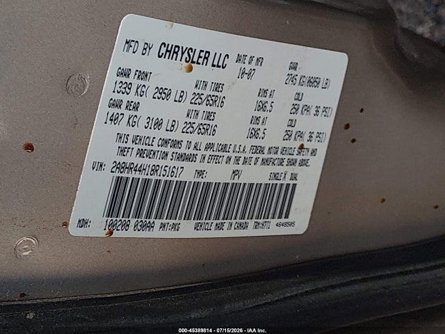 45389814 :رقم المزاد ، 2A8HR44H18R151617 vin ، 2008 Chrysler Town & Country Lx مزاد بيع