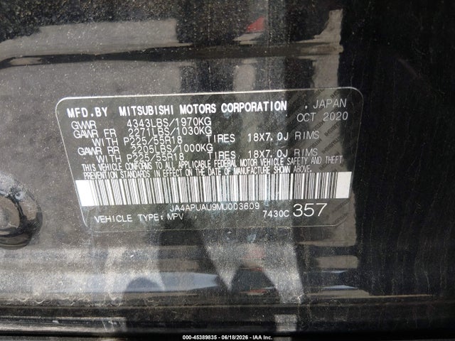 45389835 :رقم المزاد ، JA4APUAU9MU003609 vin ، 2021 Mitsubishi Outlander Sport 2.0 Be 2wd/2.0 Es 2wd/2.0 Le 2wd/2.0 S 2wd مزاد بيع