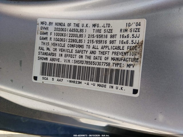 45389873 :رقم المزاد ، SHSRD78565U307758 vin ، 2005 Honda Cr-v Lx مزاد بيع