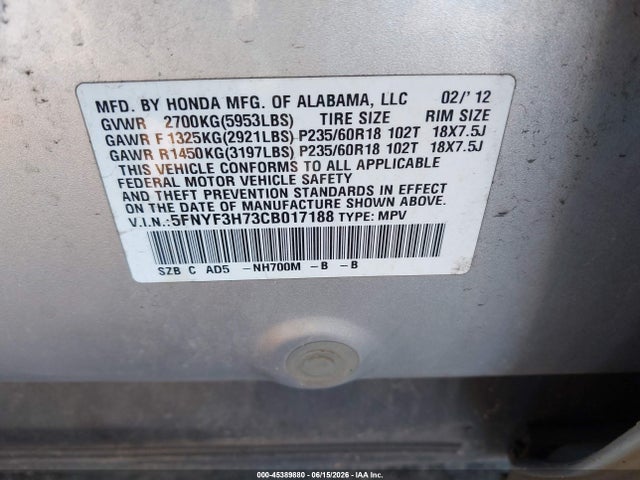 Aukcja sprzedaży 2012 Honda Pilot Ex-l, vin: 5FNYF3H73CB017188, numer aukcji: 45389880
