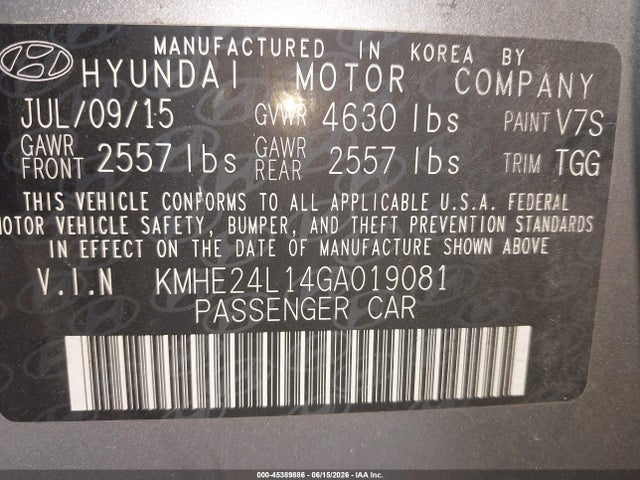 2016 Hyundai Sonata Hybrid Se მანქანა იყიდება აუქციონზე, vin: KMHE24L14GA019081, აუქციონის ნომერი: 45389886