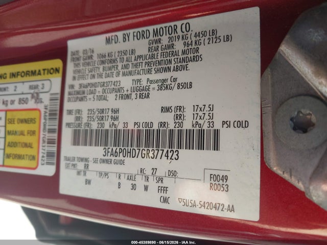 Aukcja sprzedaży 2016 Ford Fusion Se, vin: 3FA6P0HD7GR377423, numer aukcji: 45389890