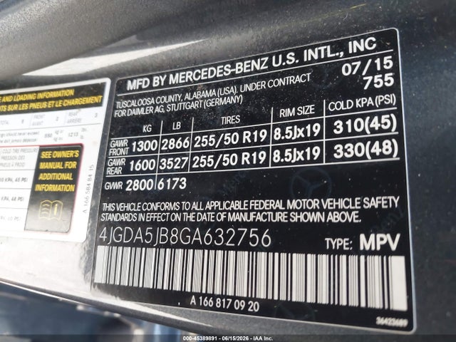 Aukcja sprzedaży 2016 Mercedes-benz Gle 350, vin: 4JGDA5JB8GA632756, numer aukcji: 45389891