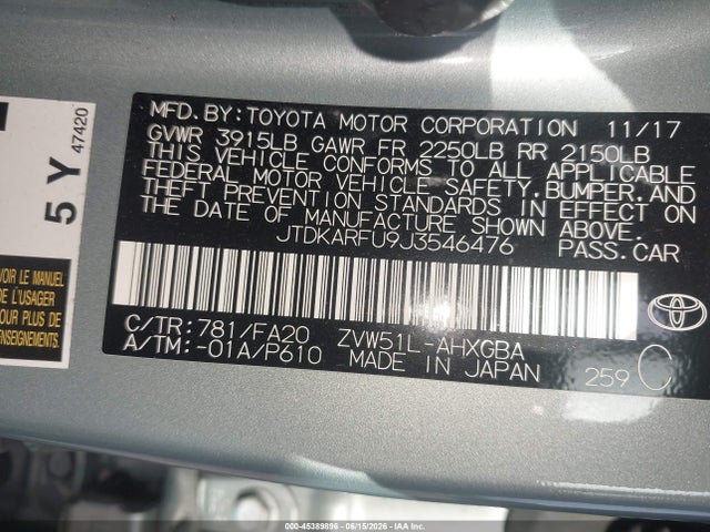 Aukcja sprzedaży 2018 Toyota Prius Three, vin: JTDKARFU9J3546476, numer aukcji: 45389896