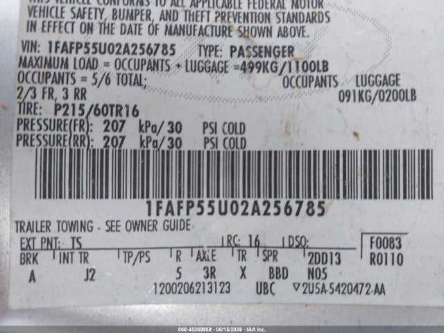 Продаж на аукціоні авто 2002 Ford Taurus Ses/ses Standard, vin: 1FAFP55U02A256785, номер лоту: 45389908