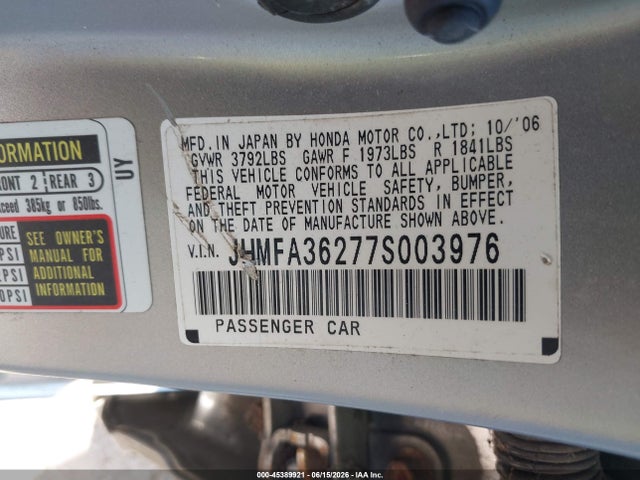 Aukcja sprzedaży 2007 Honda Civic Hybrid, vin: JHMFA36277S003976, numer aukcji: 45389921