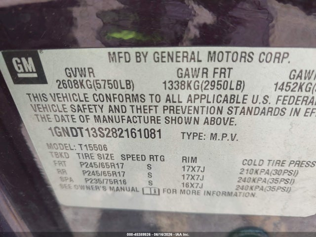 Aukcja sprzedaży 2008 Chevrolet Trailblazer Lt, vin: 1GNDT13S282161081, numer aukcji: 45389926