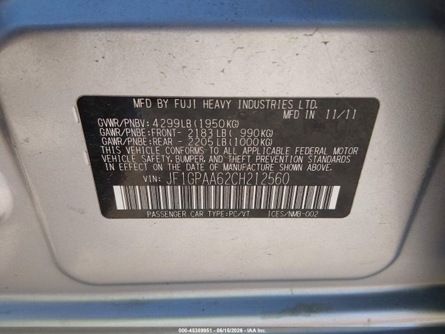 Aukcja sprzedaży 2012 Subaru Impreza 2.0i, vin: JF1GPAA62CH212560, numer aukcji: 45389951