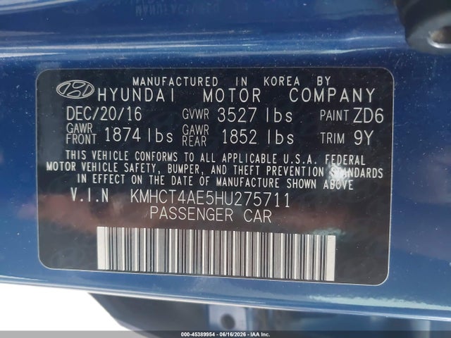 2017 Hyundai Accent Se მანქანა იყიდება აუქციონზე, vin: KMHCT4AE5HU275711, აუქციონის ნომერი: 45389954